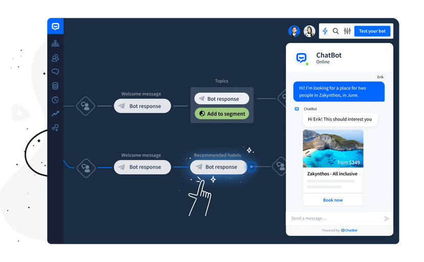 Interfejs aplikacji ChatBot pokazujący konstruktor konwersacji AI