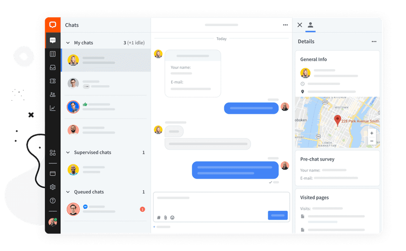 Interfejs aplikacji LiveChat pokazujący panel czatu z klientami